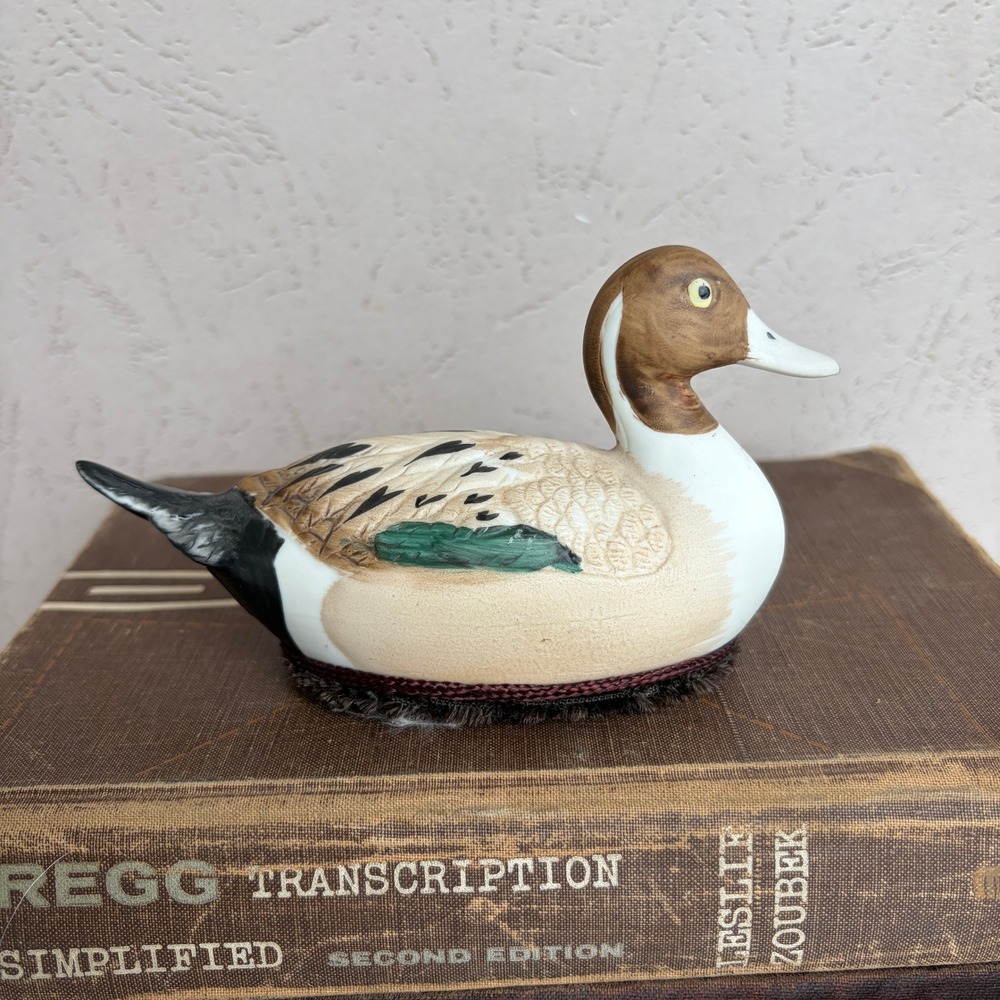 Vintage Jasco Ceramic Duck Figurine Clothes Lint Brush Hand Painted Bird Decor